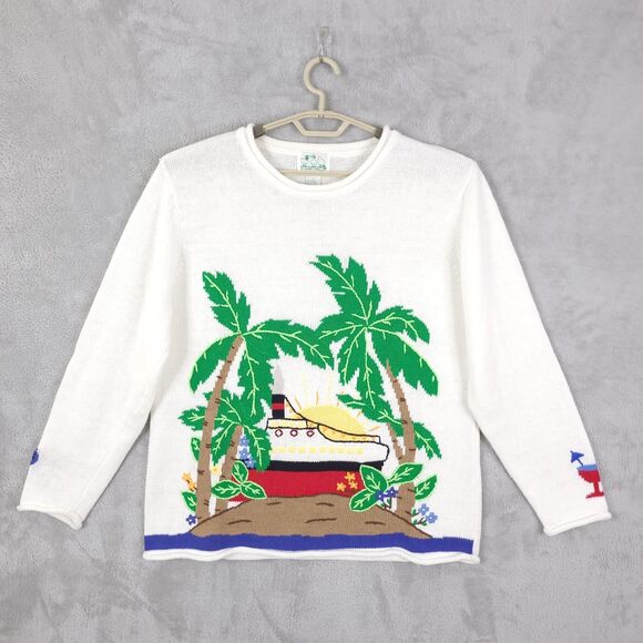 Vintage The Quaker Factory Sweater L Long Sleeve Pullover Vocation Trees Beach - Picture 1 of 13